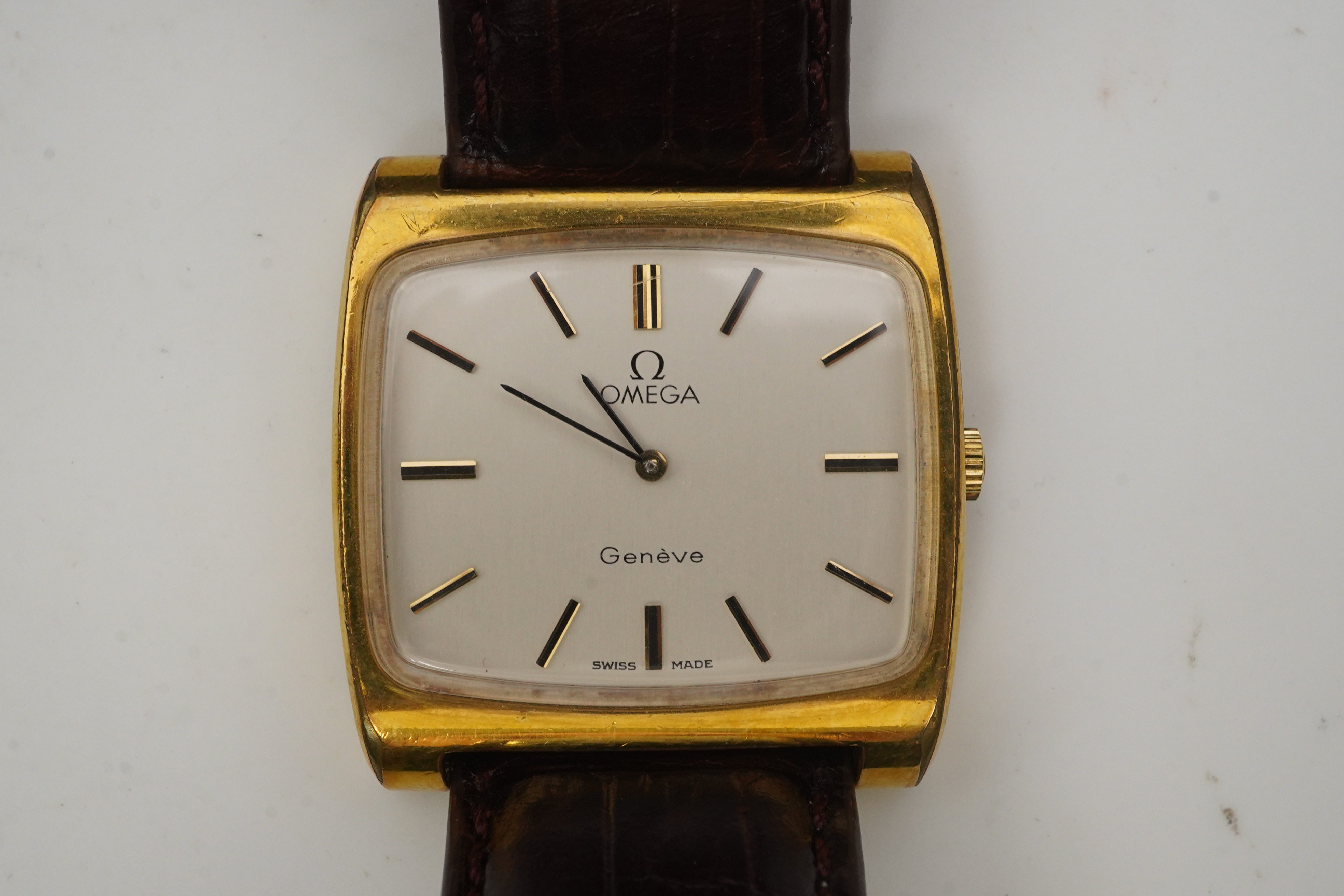 A gentleman's 1970's? steel and gold plated Omega manual wind dress wrist watch, on a later associated leather strap